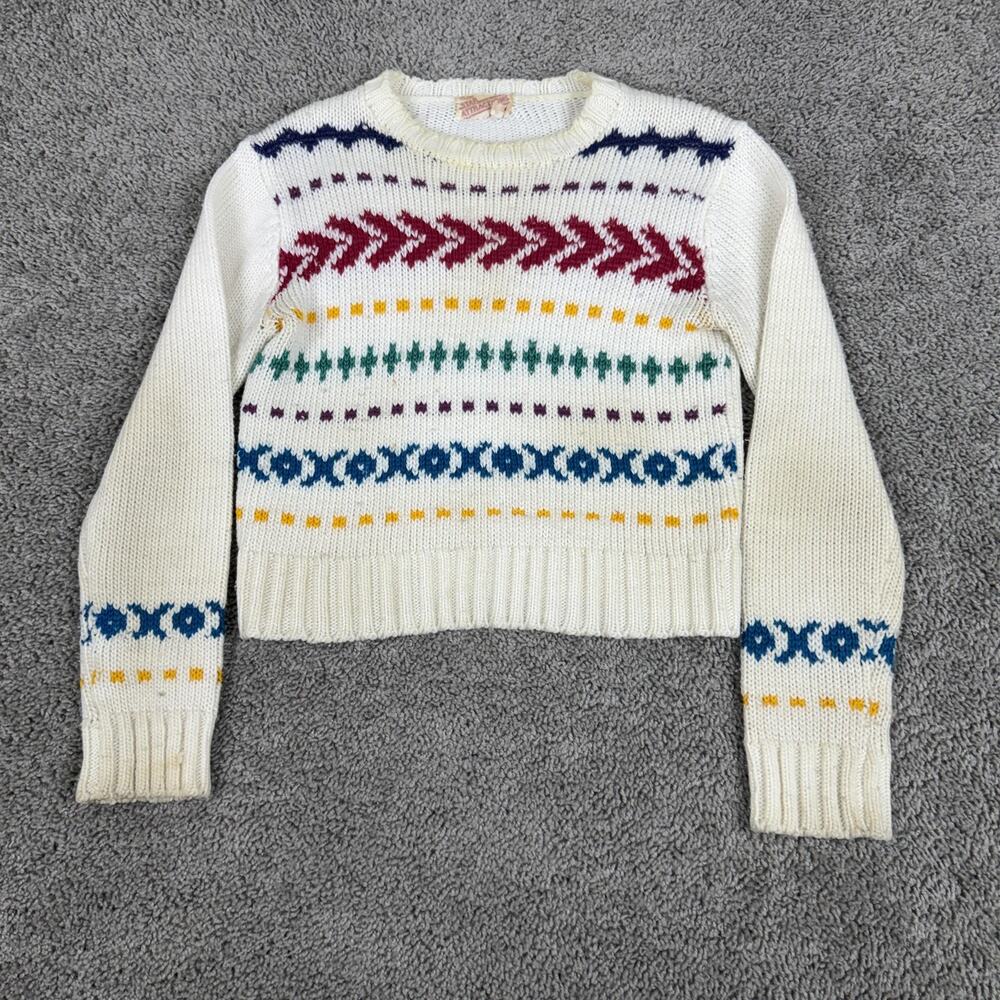 Vintage 60s Star Attractions Sweater Jrs Medium Cream Colorful Fair Isle Knit